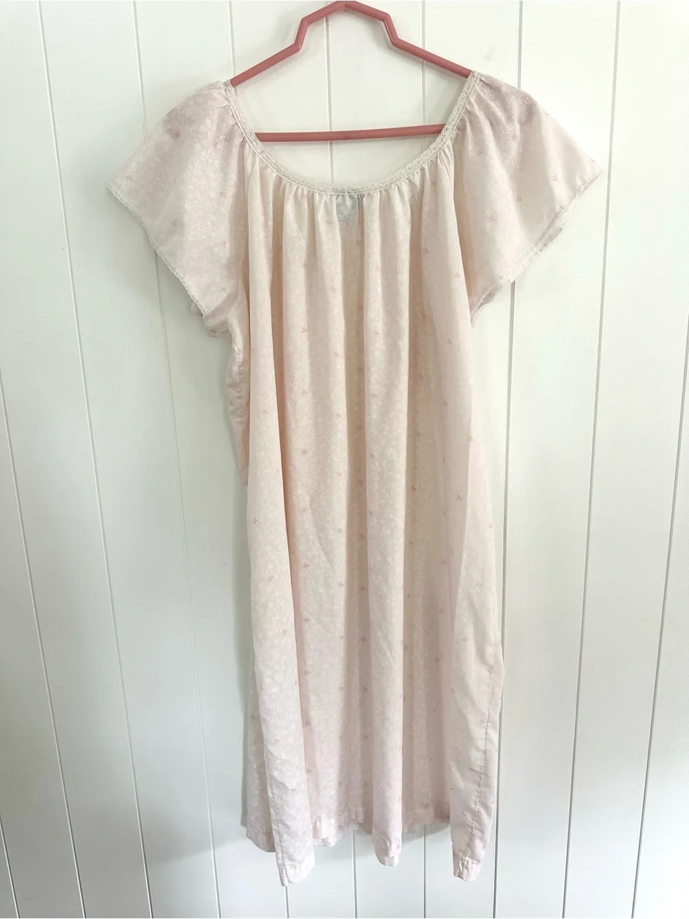 Vintage 1980’s Dimity Light Pink Floral Nightgown with Lace Trim - minor stains